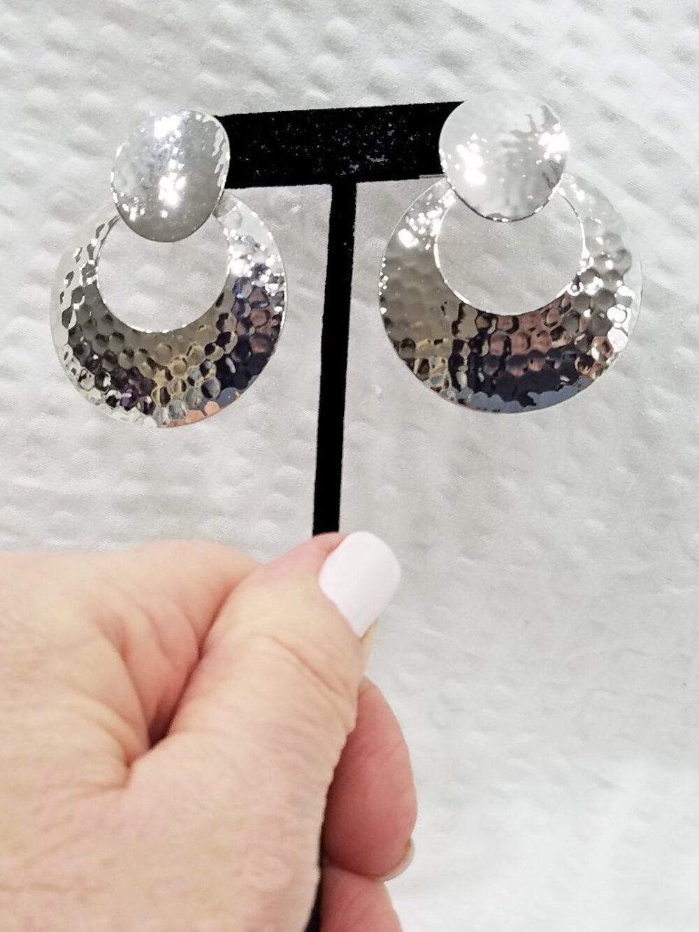 New Signed Premier Designs Large Hammered Silver Tone Doorknocker-Style Earrings
